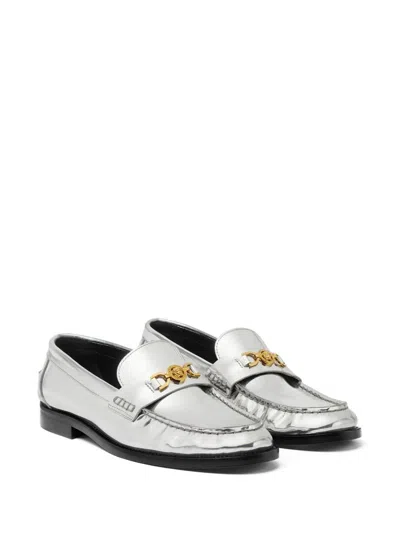 Versace Chain Detail Loafers With Metallic Finish In Silver