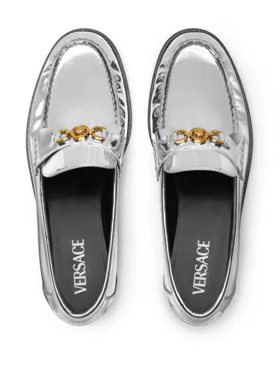 Versace Chain Detail Loafers With Metallic Finish In Silver