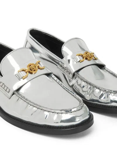 Versace Chain Detail Loafers With Metallic Finish In Silver