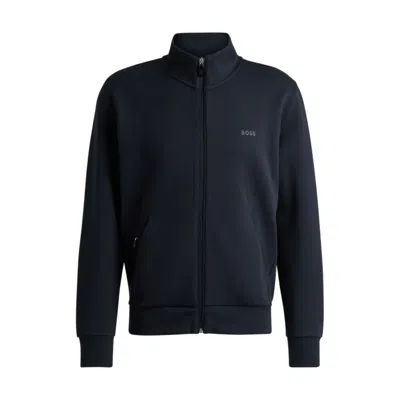 Shop Hugo Boss Stretch-cotton Zip-up Sweatshirt With Logo Print In Blue