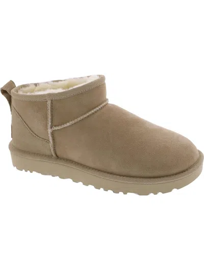 Ugg Classic Ultra Mini Low Heels Ankle Boots In Beige Suede In Beige