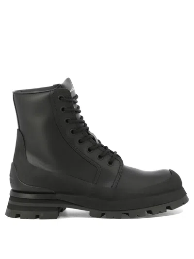 Shop Alexander Mcqueen Lace-up Boots For Men: Hpss24 Black Galosh-inspired Flared 100% Leather & Rubber
