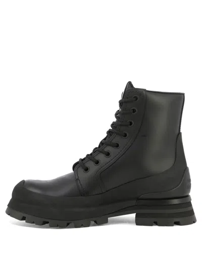 Shop Alexander Mcqueen Lace-up Boots For Men: Hpss24 Black Galosh-inspired Flared 100% Leather & Rubber