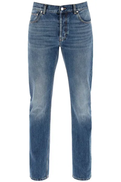 Shop Alexander Mcqueen Men's Medium Wash Straight Leg Jeans With Distressed Look In Blue