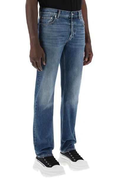 Shop Alexander Mcqueen Men's Medium Wash Straight Leg Jeans With Distressed Look In Blue