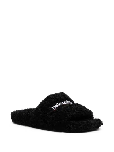 Shop Balenciaga Black Furry Slide Sandals With  Campaign Logo And 100% Polyester Shearling