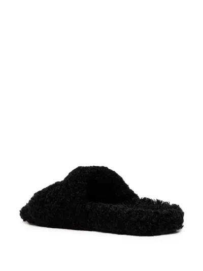 Shop Balenciaga Black Furry Slide Sandals With  Campaign Logo And 100% Polyester Shearling