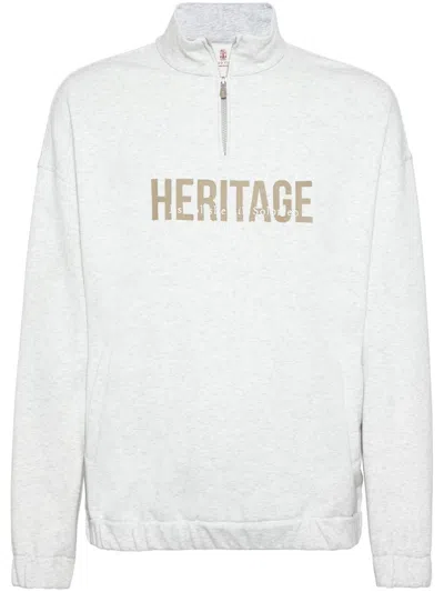 Shop Brunello Cucinelli Men's Light Grey Texture Sweatshirt With Logo And Text Print