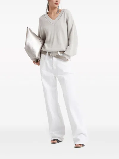 Shop Brunello Cucinelli Cotton Sweater With Shiny Details In Light Grey