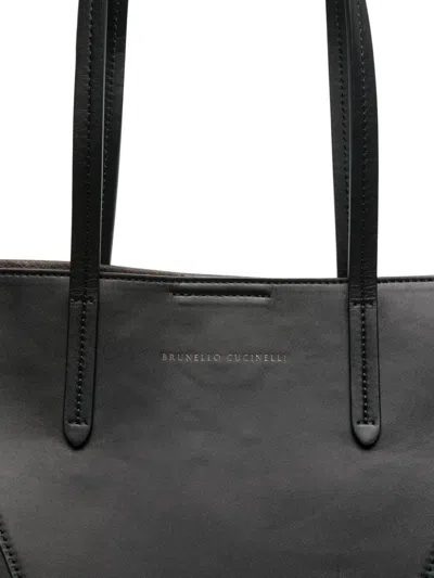 Shop Brunello Cucinelli Luxurious Black Leather Tote Handbag With Signature Monili Chain Detail
