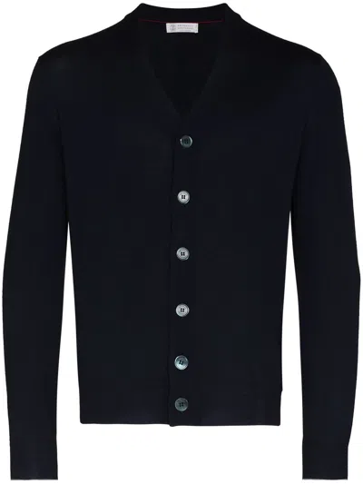 Shop Brunello Cucinelli Luxurious Men's Fine Knit Wool Cardigan In Navy