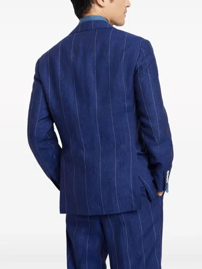 Shop Brunello Cucinelli Ocean Blue Linen Pinstripe Blazer Jacket For Men In Navy