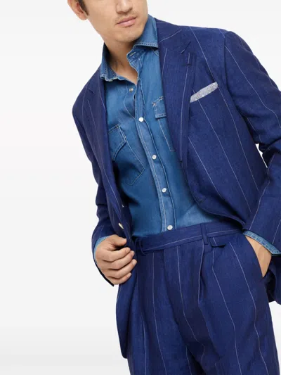 Shop Brunello Cucinelli Ocean Blue Linen Pinstripe Blazer Jacket For Men In Navy