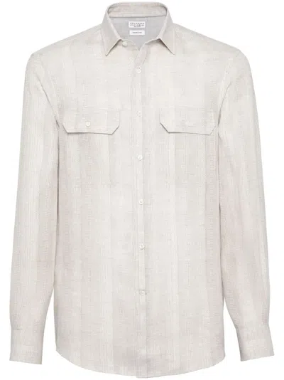 Shop Brunello Cucinelli Men's Linen Shirt With Pocket In Navy