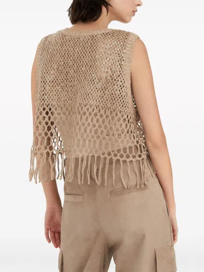 Shop Brunello Cucinelli Silk And Linen Embroidered Top In Brown