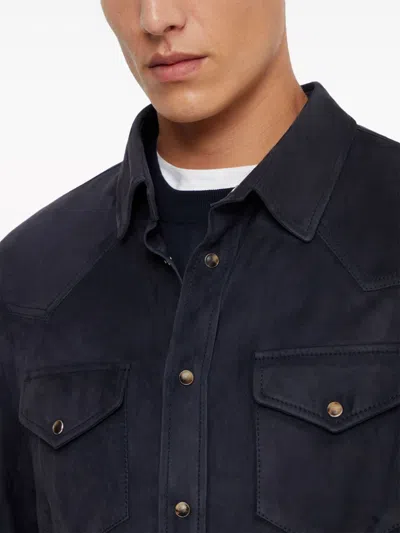 Shop Brunello Cucinelli Navy Blue Leather Suede Jacket For Men