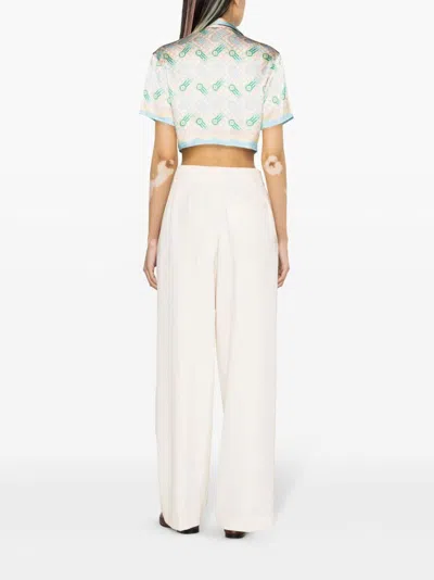 Shop Casablanca Cuban Collar Cropped Silk Shirt With All-over Graphic Print In White