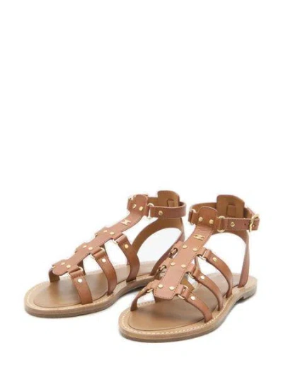 Shop Celine Brown Gladiator Sandals With Gold-tone Studs And Adjustable Ankle Strap