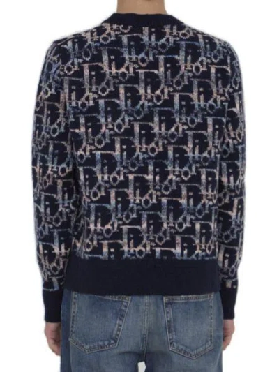 Shop Dior Blue Wool Jacquard Crewneck Sweater For Men In Navy