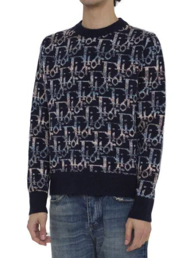 Shop Dior Blue Wool Jacquard Crewneck Sweater For Men In Navy
