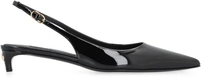 Shop Dolce & Gabbana Black Patent Leather Slingback Pumps With Kitten Heel And Gold Metal Dg Logo