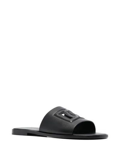 Shop Dolce & Gabbana Men's Black Leather Logo Slide Sandals For Ss24
