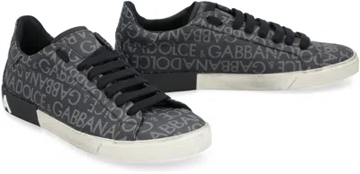 Dolce & Gabbana Leather And Fabric Low-top Sneakers With All-over Motif In Black