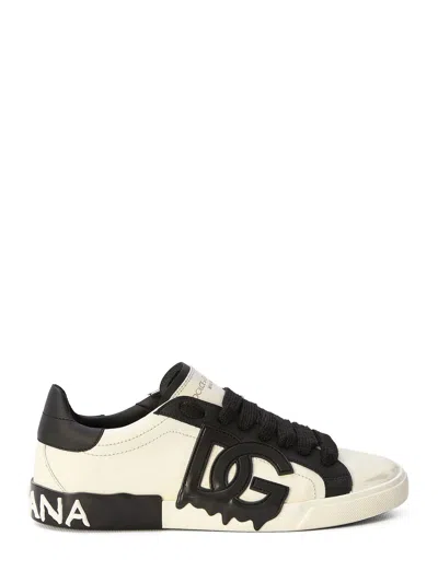Shop Dolce & Gabbana Portofino Vintage Sneakers In White And Black Leather