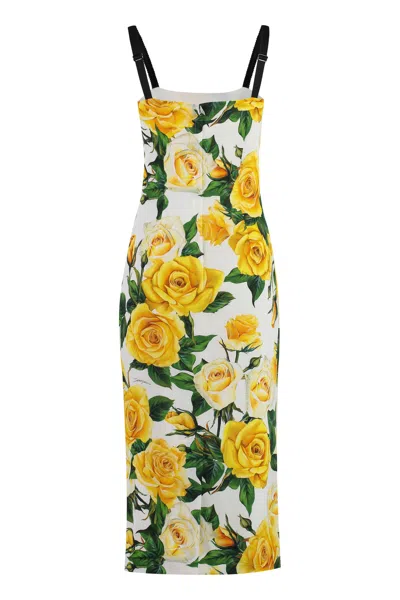 Shop Dolce & Gabbana Floral Print Silk Dress With Back Slit In Multicolor