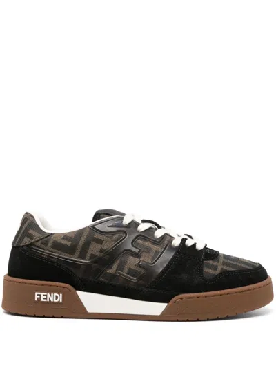 Shop Fendi Brown Canvas Sneakers For Women With Suede, Monogram Pattern, And Branded Details