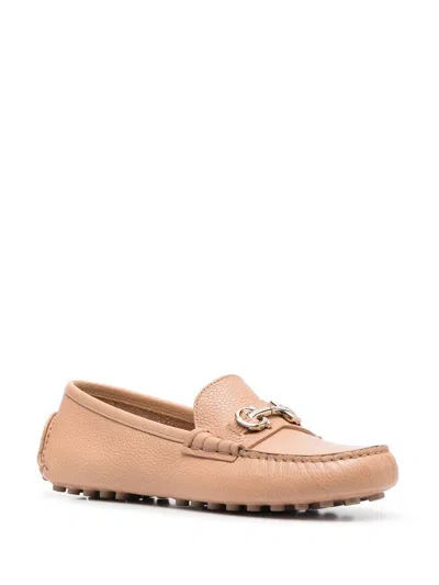 Shop Ferragamo Peach Pink Almond Toe Leather Loafers With Gancini Hook Plaque In Turquoise