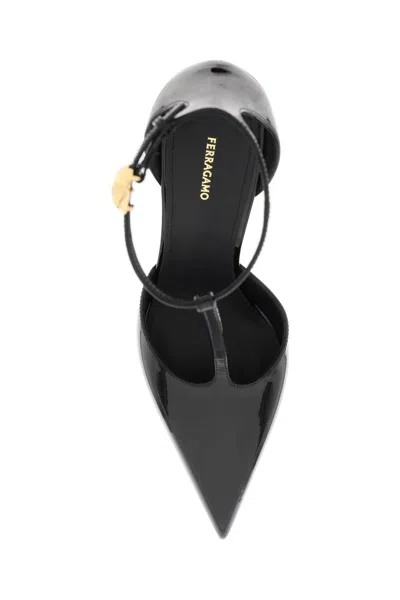 Shop Ferragamo Black T-strap Pumps With Patent Leather And Curved Heel For Women