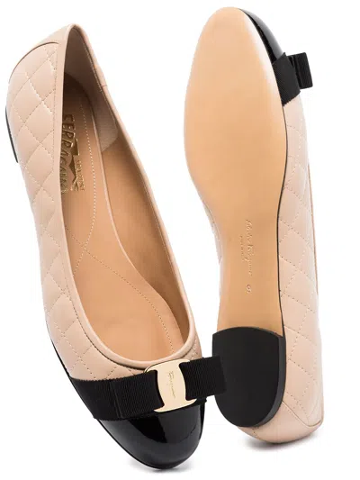 Shop Ferragamo Blush Pink Quilted Leather Ballet Flats With Black Patent Toe