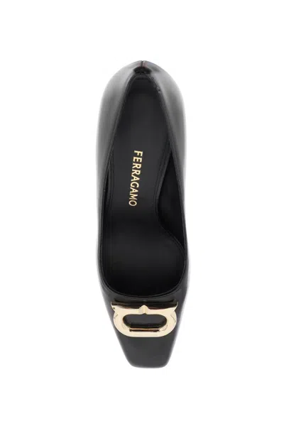 Shop Ferragamo Elegant Black Leather Pumps With Gold Gancini Hook Detail For Women