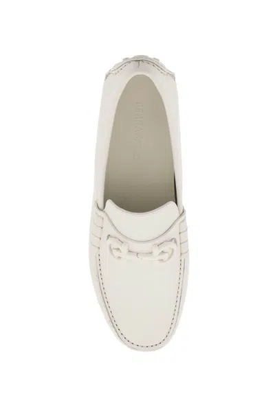 Shop Ferragamo White Leather Loafers With Iconic Gancini Hook Detail For Men