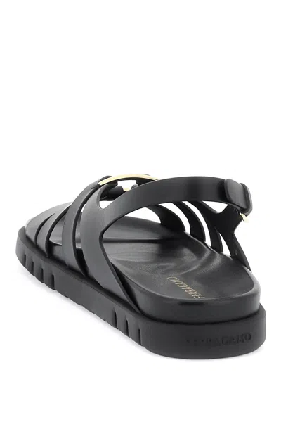 Shop Ferragamo Women's Black Flatform Sandals With Gancini Hook Ornament