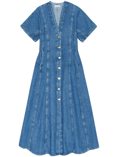 Shop Ganni Denim Maxi Dress In Blue