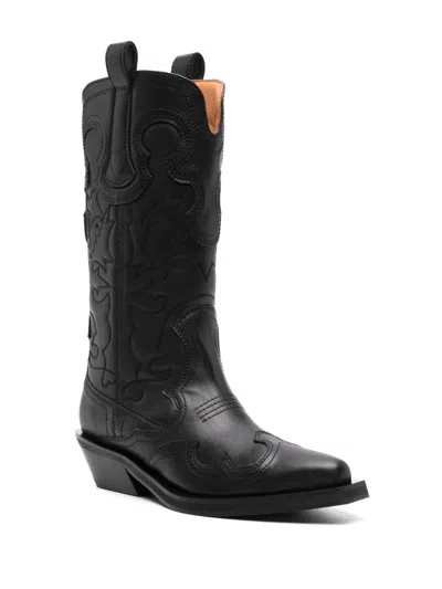 Shop Ganni Mid Shaft Embroidered Western Boot In Black