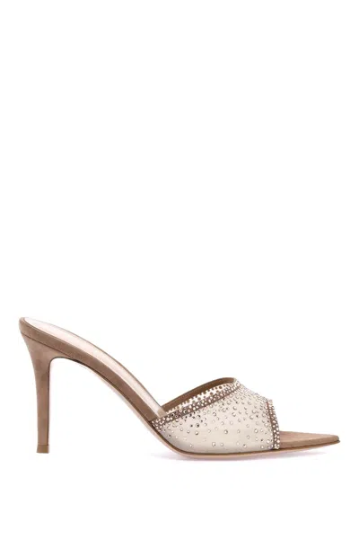 Shop Gianvito Rossi Neutral Silk Flat Sandals With Crystals And Leather Details