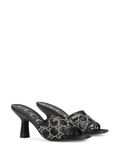 Shop Gucci Black Crystal-embellished Mid-heel Sandals For Women
