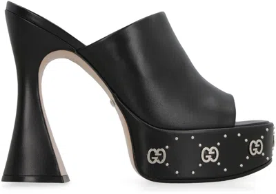 Shop Gucci Black Leather Platform Sandals With Metallic Details And Curved Heels