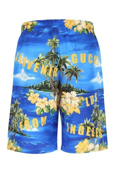 Shop Gucci Blue Printed Nylon Swim Shorts For Men In Navy