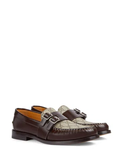 Shop Gucci Men's Brown Leather Moccasins With Supreme Gg Textile And 2cm Heel