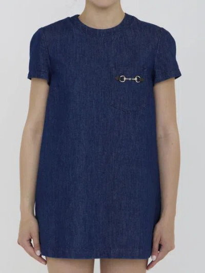 Shop Gucci Denim Dress With Horsebit In Light Blue