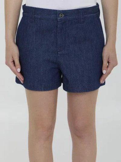 Shop Gucci Denim Shorts With Horsebit In Light Blue