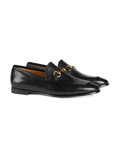 Shop Gucci Jet Black Leather Loafers With Gold-tone Hardware And Signature Horsebit Detail