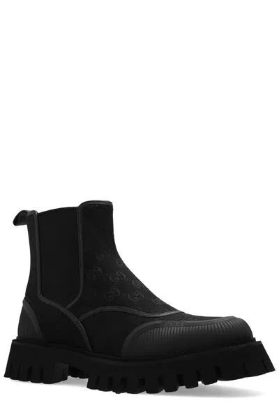 Shop Gucci Men's Black Gg Fabric Ankle Boots For Fw23