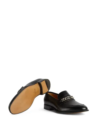 Shop Gucci Men's Black Leather Loafers With Chain Detailing And Logo Plaque