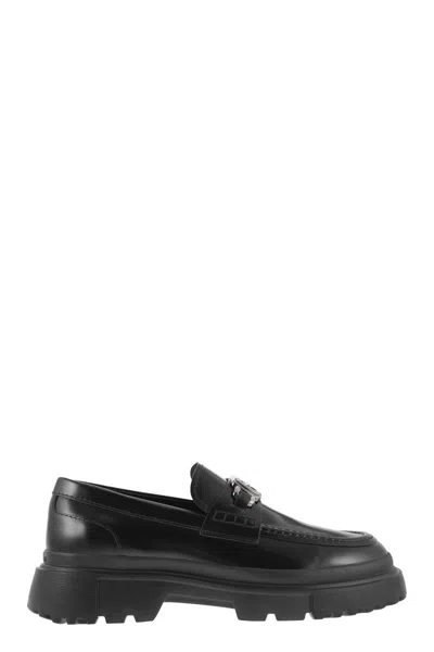 Shop Hogan Contemporary Urban Style Must-have: Men's Leather Loafer With Chunky Bottom And Military-inspired De In Black