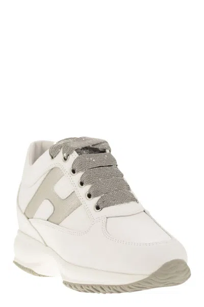 Shop Hogan Elegant White Leather Trainer For Women With Shiny Fabric Side H And Removable Shaft